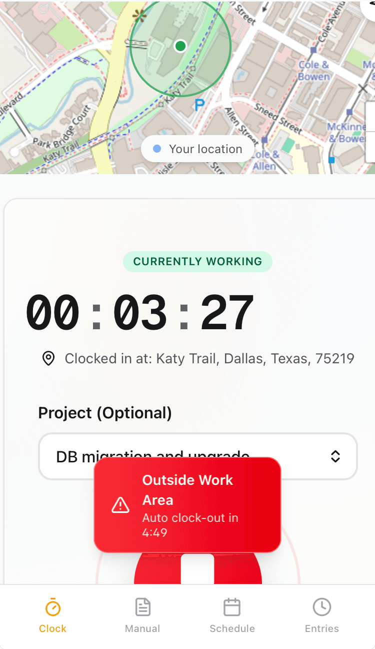 GPS Geofencing — Auto clock-out countdown