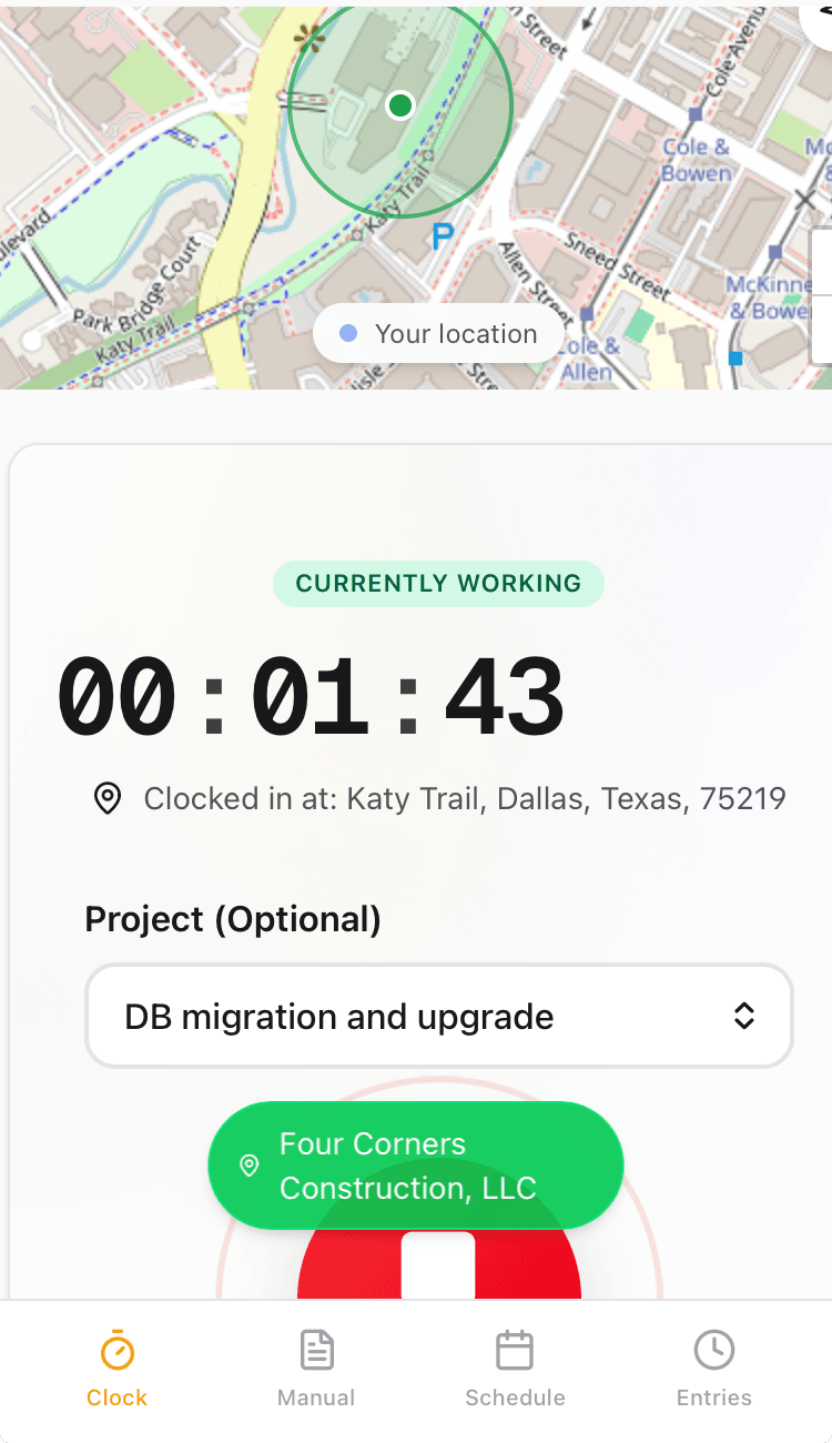 GPS Geofencing — Clocked in within the geofence