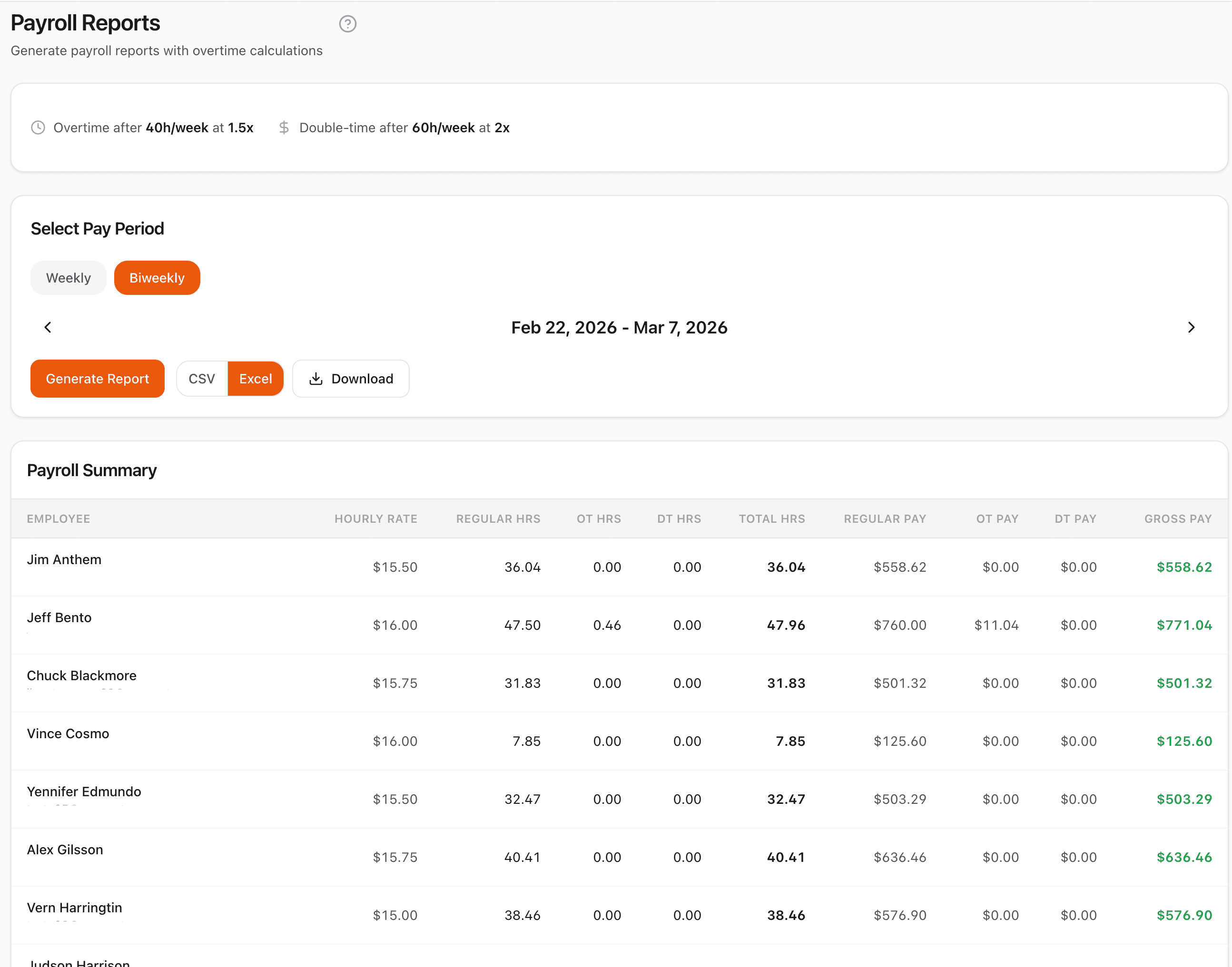 Payroll Reports — CrewPunch screenshot